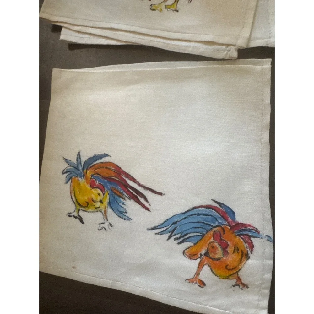 Vintage Hand Painted Rooster Linen Cocktail Napkins Set of 8 Farmhouse Folk Art